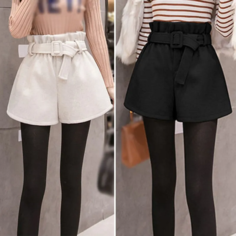 

Fashion Winter Woolen High Waist Shorts Spring New Retro Wild Wide Leg Boots Pants Solid Elastic Waist Ladies Shorts