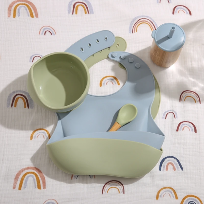 Bopoobo-taza de bamb&uacute; de paja, taz&oacute;n de silicona, babero ajustable impermeable, toalla de Saliva, libre de BPA cuchara de madera, suministros de alimentaci&oacute;n para reci&eacute;n nacidos-5