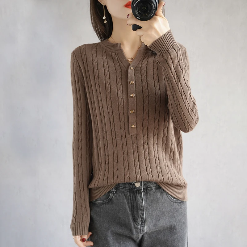 

100% Pure Cotton Women's Tops Pure Color Slim Korean Cotton Sweater V-neck Short Stretch Pullover Base Shirt Ladies Jacket