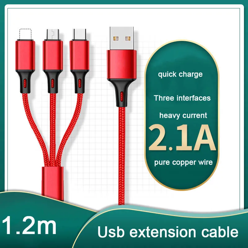 

1.2m Applicable to Android Apple 3-in-1 mobile phone type-c data cable multi-functional one-drag-three braided charging cable