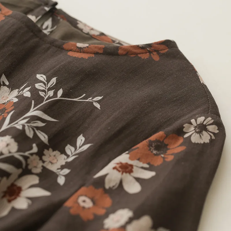 

2019 Spring and Autumn New Style Origional Cotton Linen Women's Clothing Three-quarter-length Sleeve round-Neck Floral-Print Ram