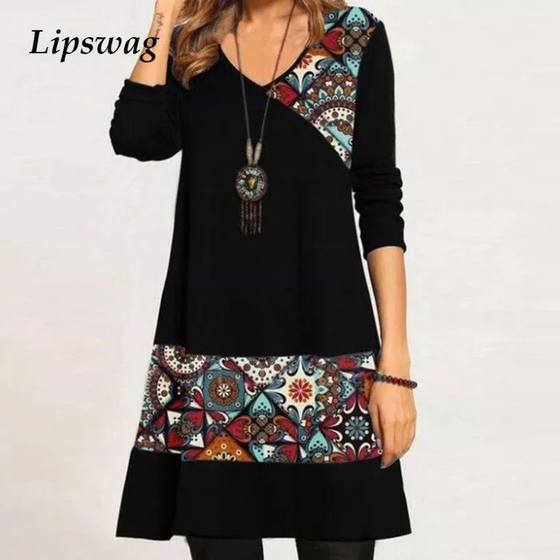 Женское винтажное платье трапеция с длинным рукавом и V образным вырезом|Женские