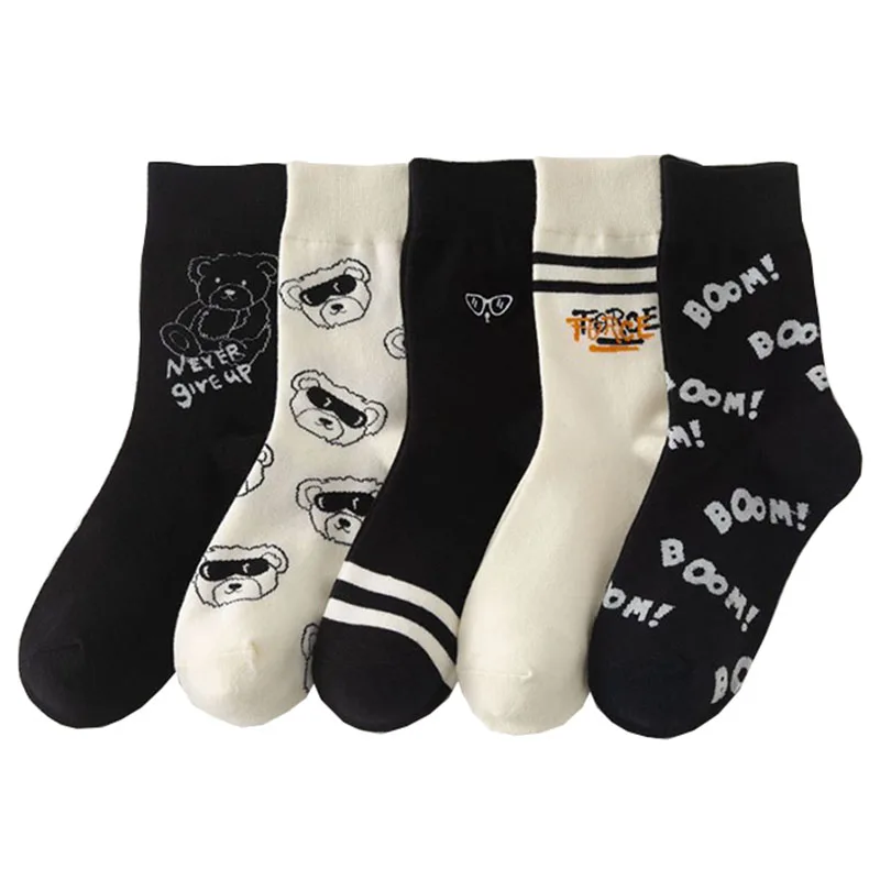 

Socks Women Autumn Letter Japanese Street Style Pure Cotton Cartoon Bear Black White Cute Simplicity Breathable Sweat-absorbent
