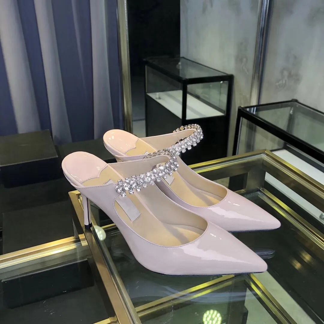 

2022 Early Spring New Style Rhinestone Buckle Slippers Leather Women Summer Outside High Heel Sandals Pink Gentle Ladies Shoes