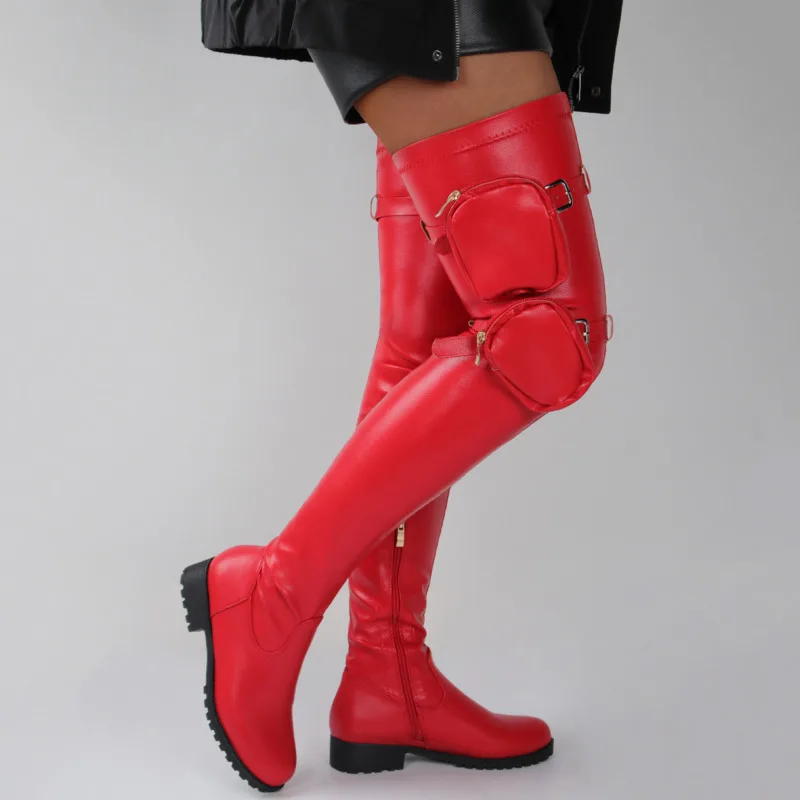 Brand Knee High Boots Pu Leather Low Heels Round Toe Pocket Bags Boots Women's Thigh High Boots 2021 Autumn Winter Women Shoes