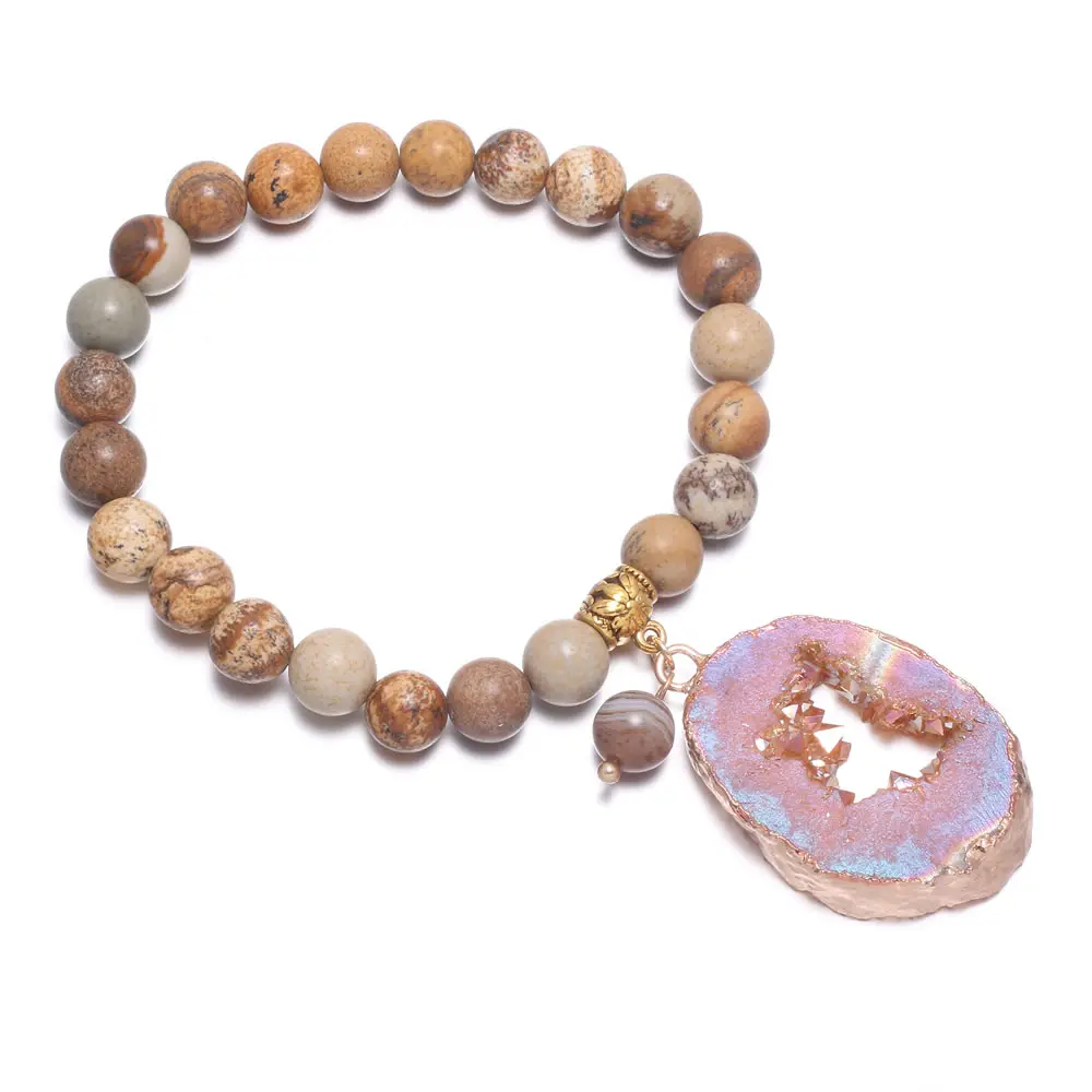 

High-Quality Bracelets Natural Picture Stone Round Beads With Agate Pendant Bangle for Women Party Wedding Jewelry Gifts 19 cm