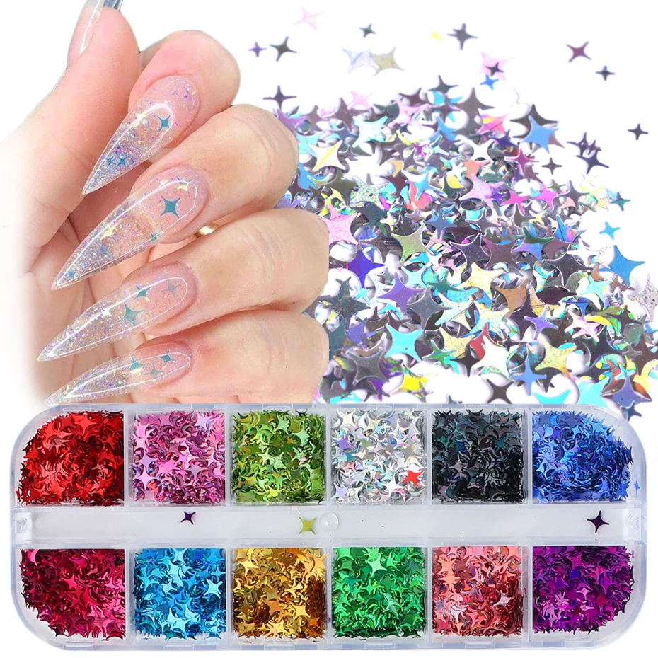 12 grids Nail Glitter Four-pointed Star Flakes Art Sequins Paillette Laser Shining Gel Nails Decoration DIY Tool LA1819 | Красота и