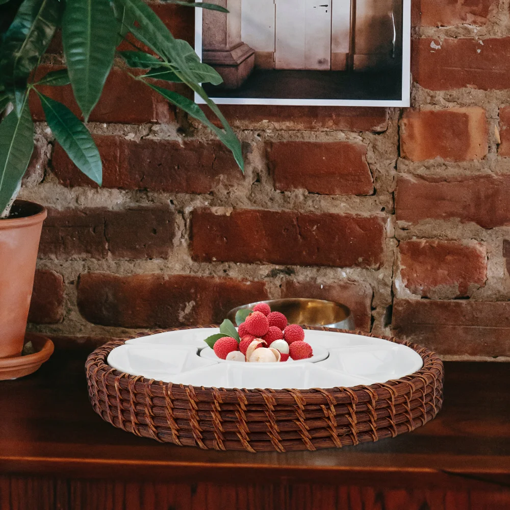 

1 Set of Household Rattan Woven Tray Party Food Storage Plate Ceramic Fruit Tray