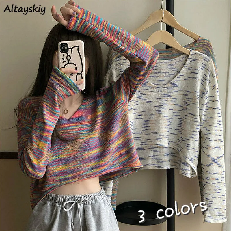 

Sweaters Women Patchwork V-neck Pullovers Ladies Knitting Cropped New Casual Colorful Popular Sexy College Long Sleeve Knitwear