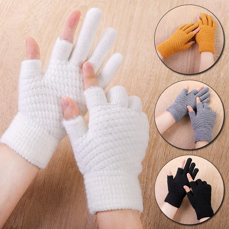 

Зимние мужские перчатки женские теплые офисные толстые вязаные шерстяные перчатки с двумя пальцами для игр и письма перчатки без пальцев для телефона