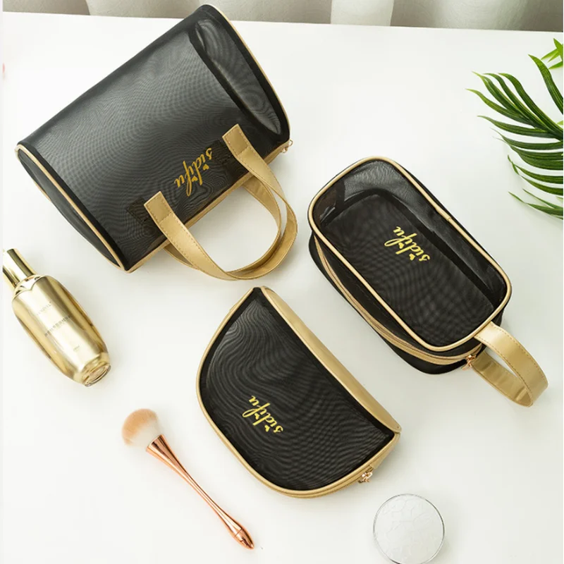 

1set/3pcs Woman Toiletry Bag Fashion Mesh Large Capacity Letter Cosmetic Bag Portable Travel Wash Bag Make Up Tool Storage Bag