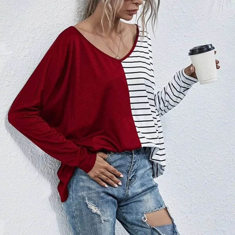 

European And American V-neck Sleeves Striped Stitching Colored Casual T-shirt Women's Top