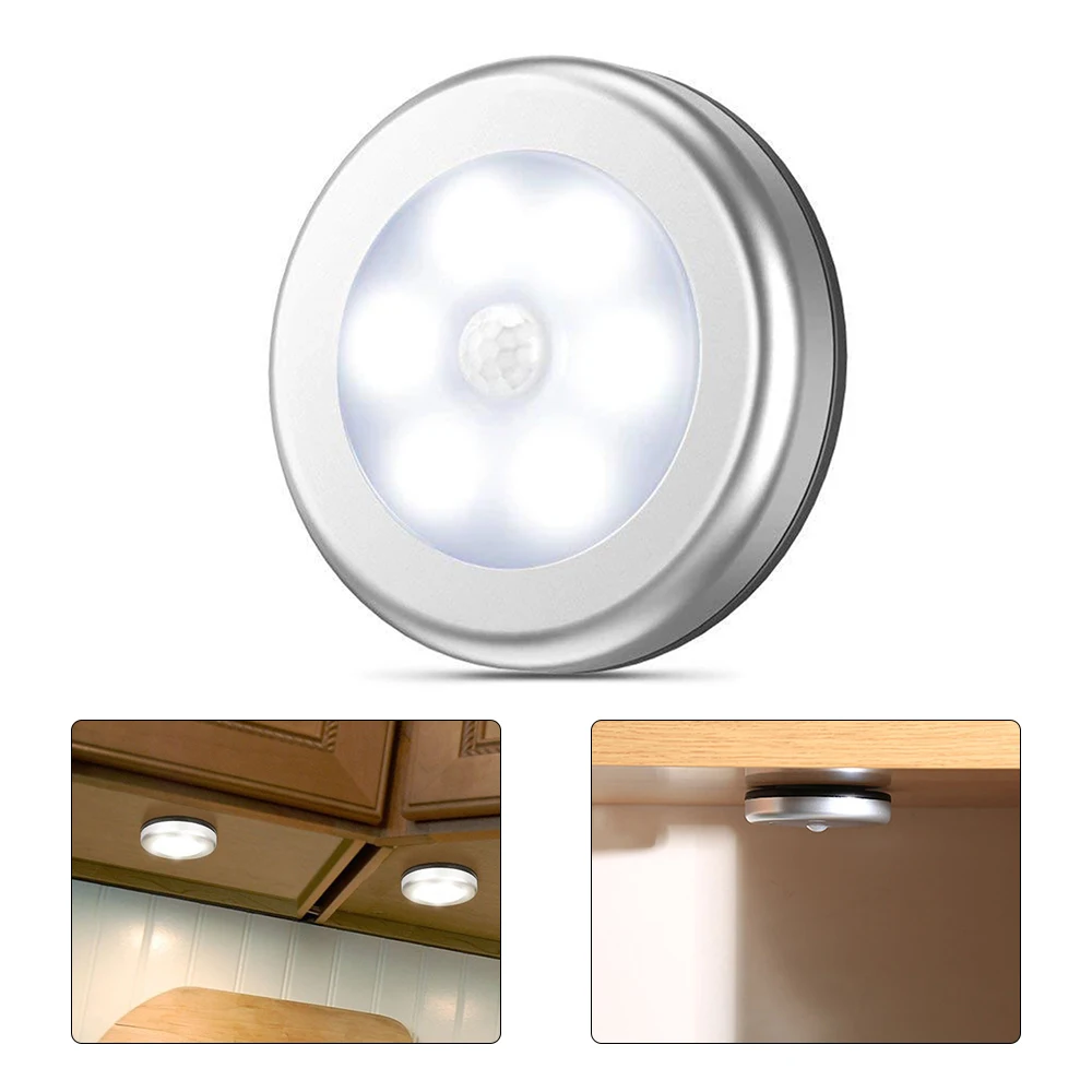 

6led PIR Motion Induction Light Round Lamp Ice Hockey Lamp Cabinet Lamp Wall Staircase Night Light AAA Battery Box