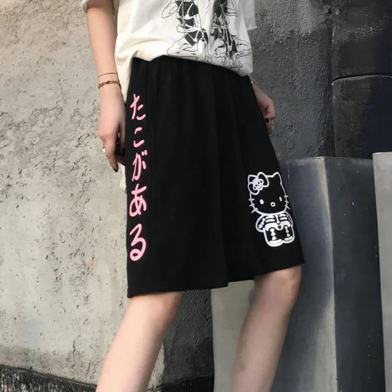 

FAKUNTN Kawaii Harajuku Casual Shorts Summer Women Loose Streetwear Japanese Cute Cat Print Men'S Shorts Hip-Hop Goth Punk