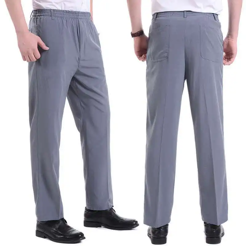 Мужские летние шелковые брюки среднего возраста Длинные свободные повседневные