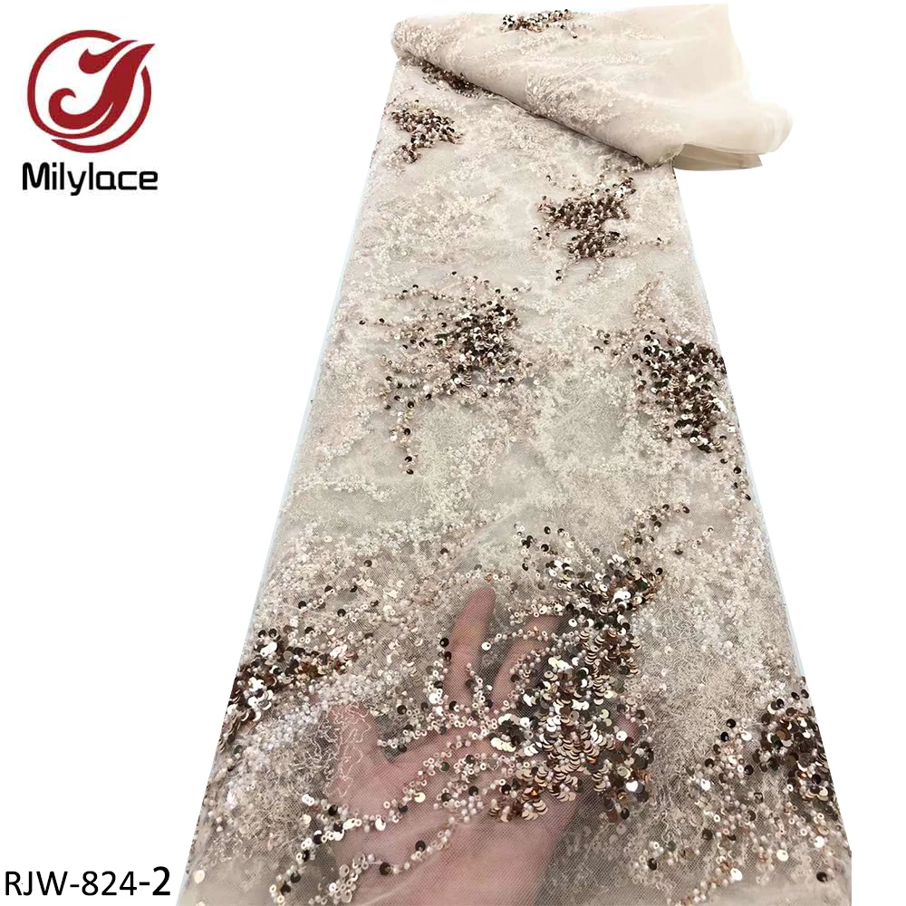 Tela de tul brillante de alta gama, con cuentas de lentejuelas pesadas, lujoso vestido de noche, RJW-824 de encaje franc&eacute;s-1
