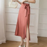 summer long skirt with slit korean style elegant one piece lace up wrap skirts womens midi bandage jupe femme drape solid faldas