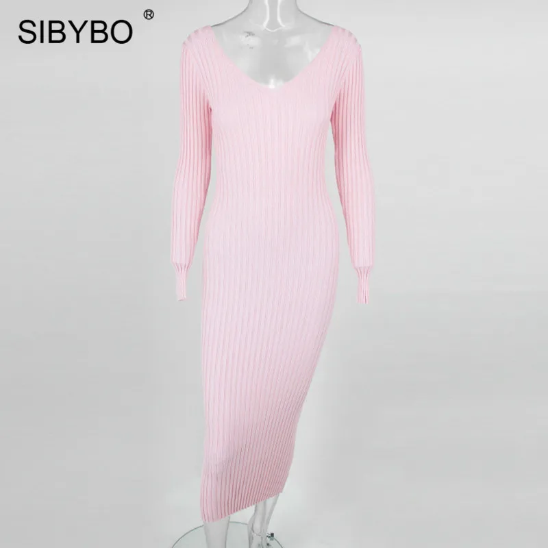 Розовый SIBYBO, зимнее трикотажное хлопковое платье в рубчик, женское сексуальное облегающее платье с открытыми плечами и длинным рукавом, однотонные вечерние платья с открытой спиной - Цвет: Розовый