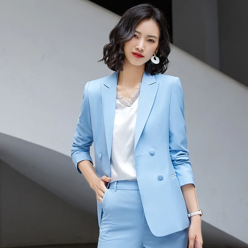 IZICFLY Spring Autumn New Style Light Blue Womens Suits Blazer With Pants Two Piece Set Office Slim Elegant Work Wear