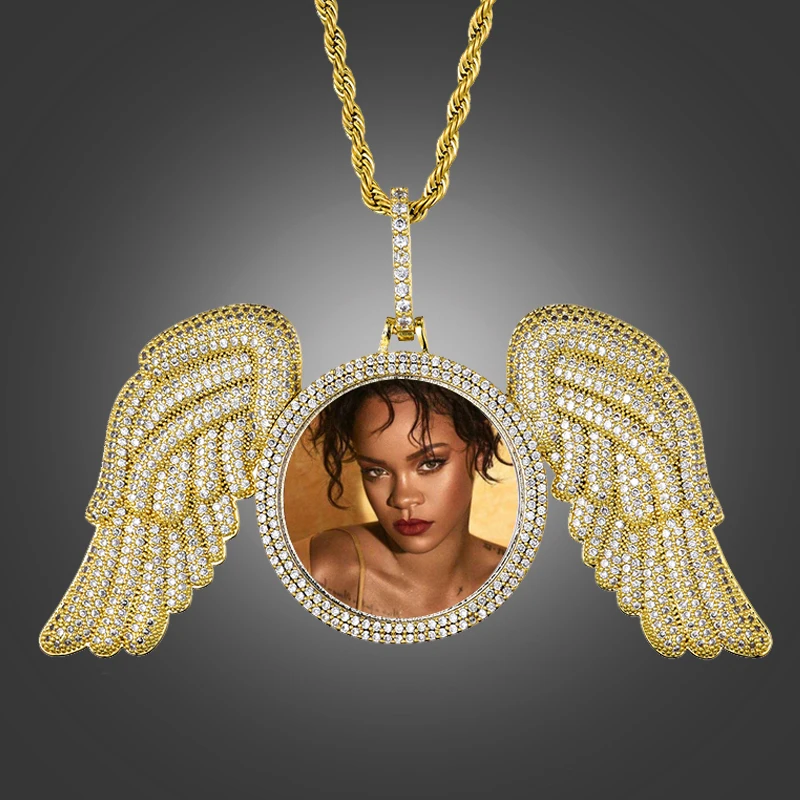 

US7 Custom Made Photo With Wings Pendant Necklace Gold Silver Color Medallions Tennis Chain Cubic Zircon Men Hip Hop Jewelry
