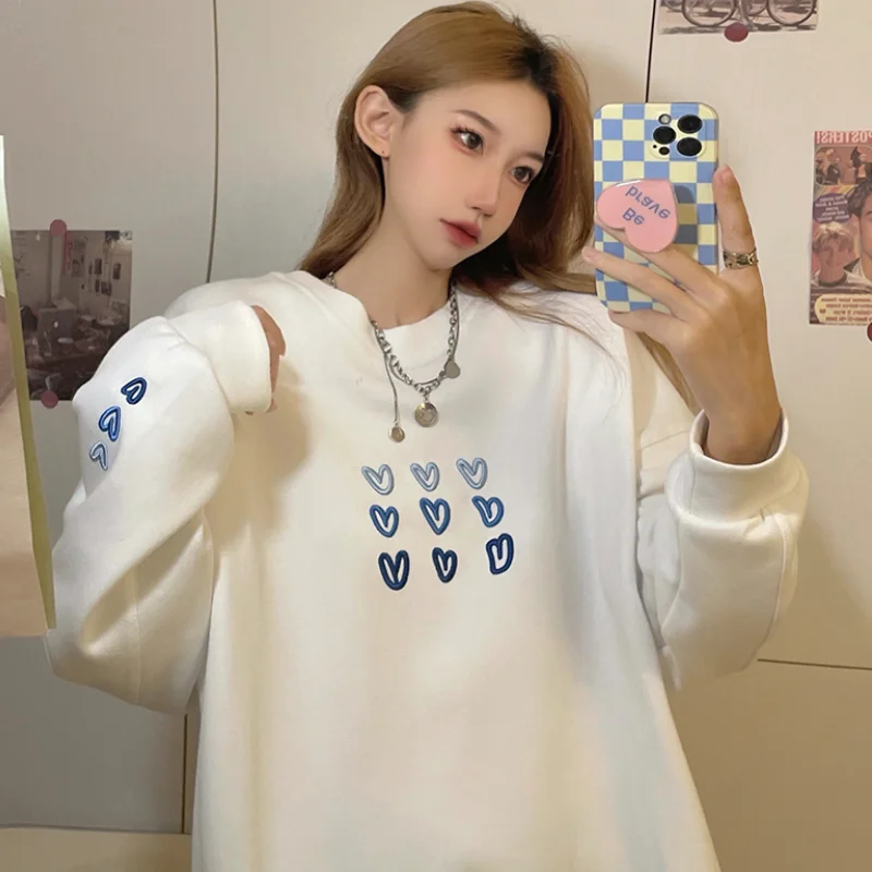 

Женские толстовки, осень 2021, новая корейская мода, Свободный Повседневный пуловер с круглым вырезом и вышивкой Love, худи с длинным рукавом, То...