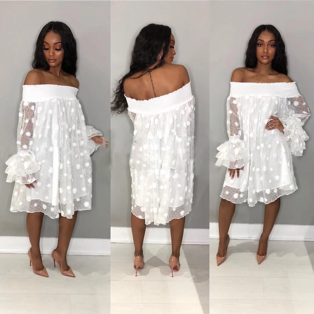 

Aniow Sexy Sheer Mesh See Through Loose Dress Elegant Dot Print Off Shoulder Slash Sexy Dresses Holiday Beach White Robe Outfits