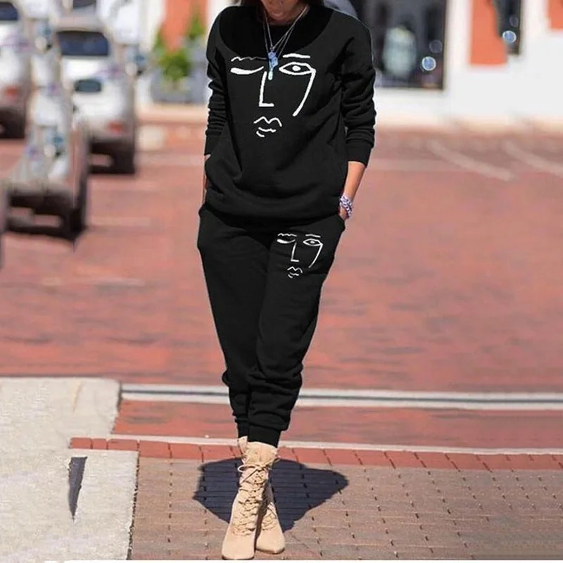 

Abstract Face Print 2 Piece Set Women Vintage Harajuku Loose Casual Fashion Tracksuit Spring Fall 2021 Plus Size Long Sleeve New