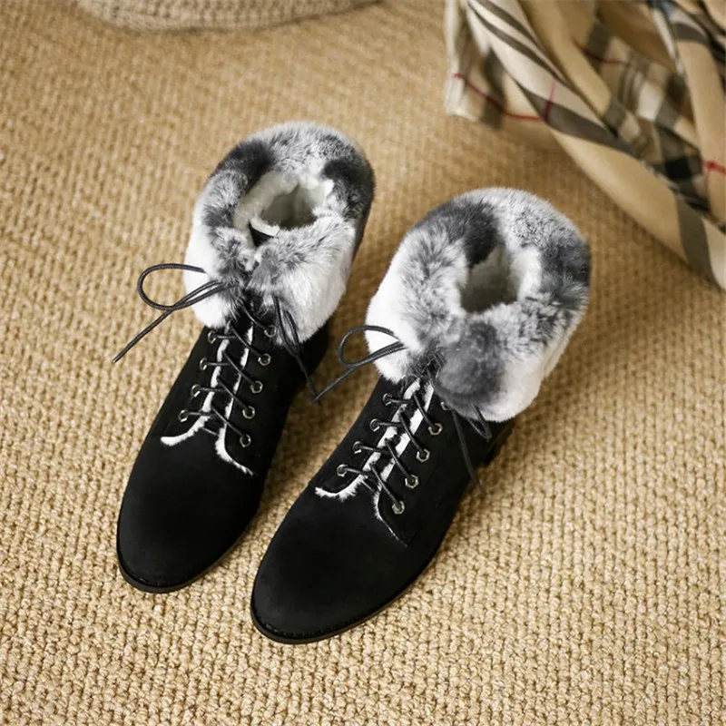 Jual Sepatu Bot Wanita Musim Dingin Dengan Ujung Bundar Nubuck Sepatu Bot Tumit Chunky Berenda Kulit Sepatu Bot Bulu Kelinci Hangat Dan Modis Item No.8216