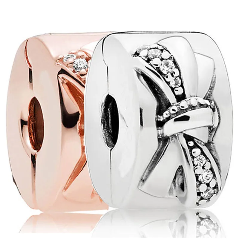 

Оригинальные подвески из стерлингового серебра 925 пробы, розовое золото, блестящий лук, зажим, стопор, бусина с кристаллом, подходит для попу...