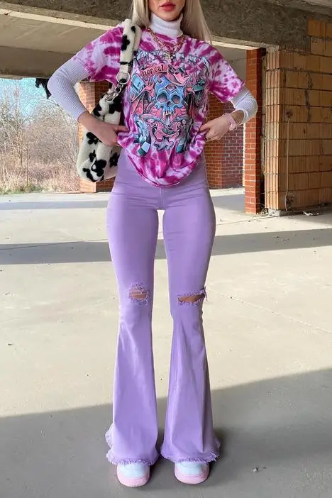 Женские джинсовые расклешенные брюки с завышенной талией на пуговицах | Женская