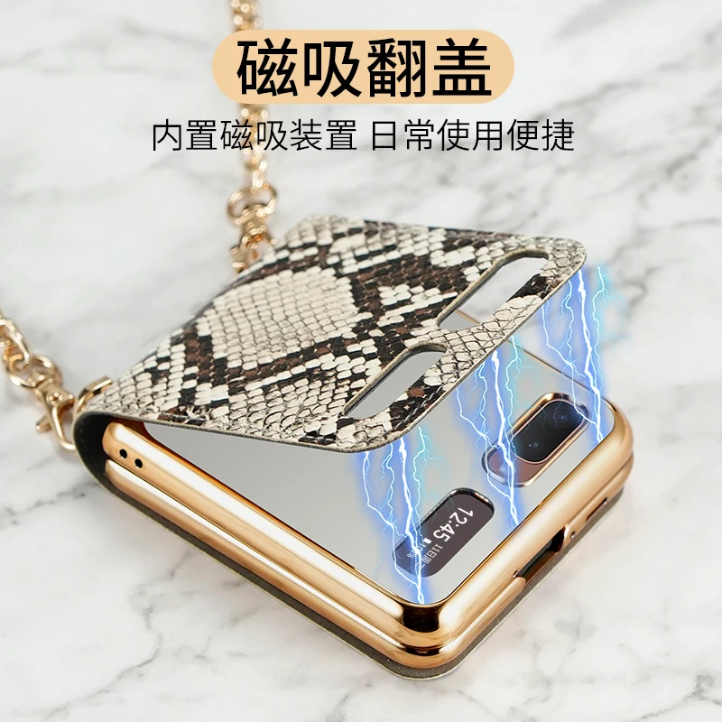 luxury leather flip make up mirror phone case for samsung galaxy z flip f7070 f7000 shockproof back cover with lanyard gift free global shipping