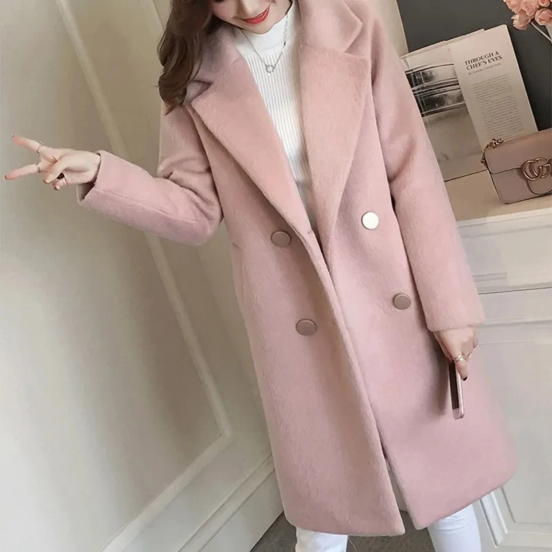

Autumn Winter Warm Woolen Coats Womens Mid-length Blends Wool Jacket Ladies Double breasted Wool Outwear Parkas Plus size S-3XL