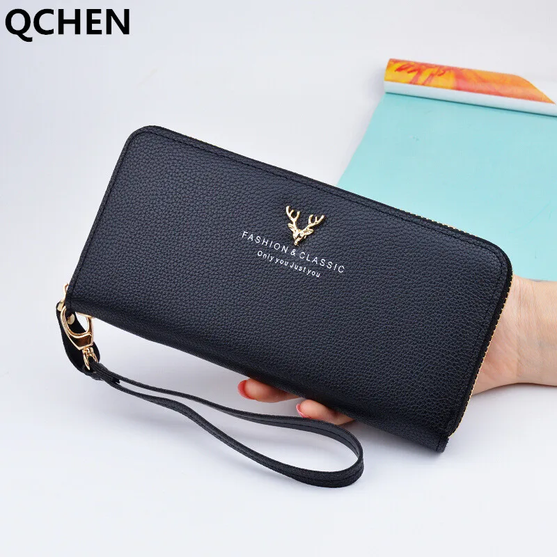 Женский кошелек на молнии Дамский кожаный удлиненный бумажник с кармашком для