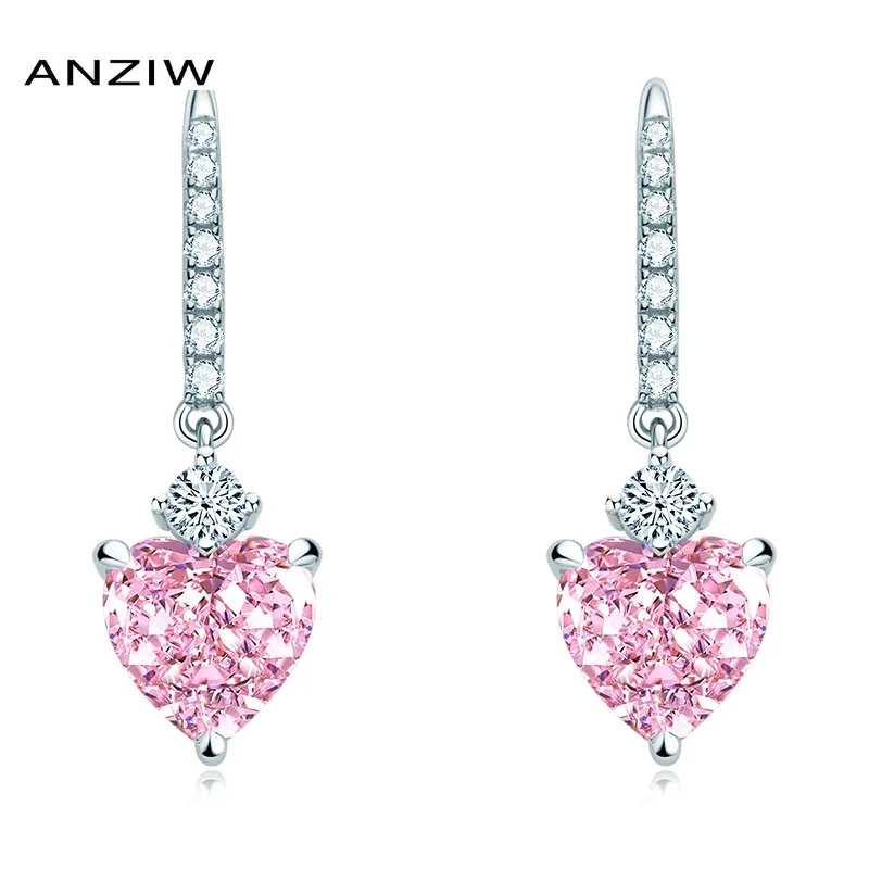 

Anziw 8x8mm Shiny Perfect Heart Cut Created Pink Gemstone Dangle Hook Earrings for Women 925 Sterling Silver Birthday Gift