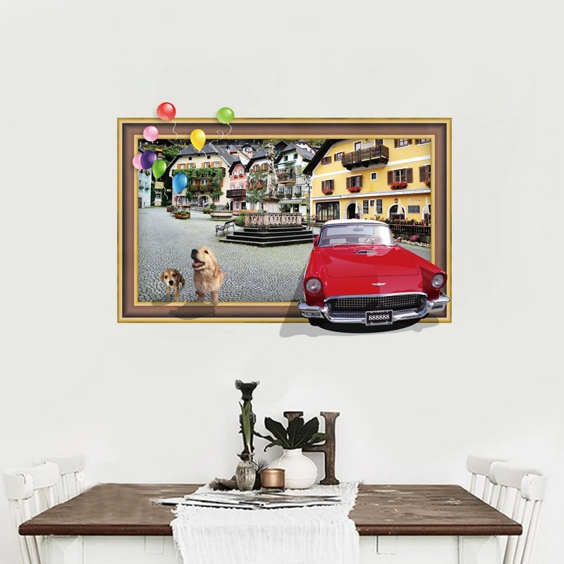 

Яркий автомобиль, собака, дом, уличная лампа, для детской комнаты, спальни, украшение, 3d настенная роспись, искусство «сделай сам», наклейки д...