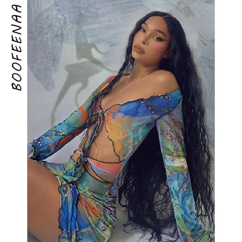 BOOFEENAA эстетические бабочка тай дай напечатанная прозрачной мини платье в сеточку