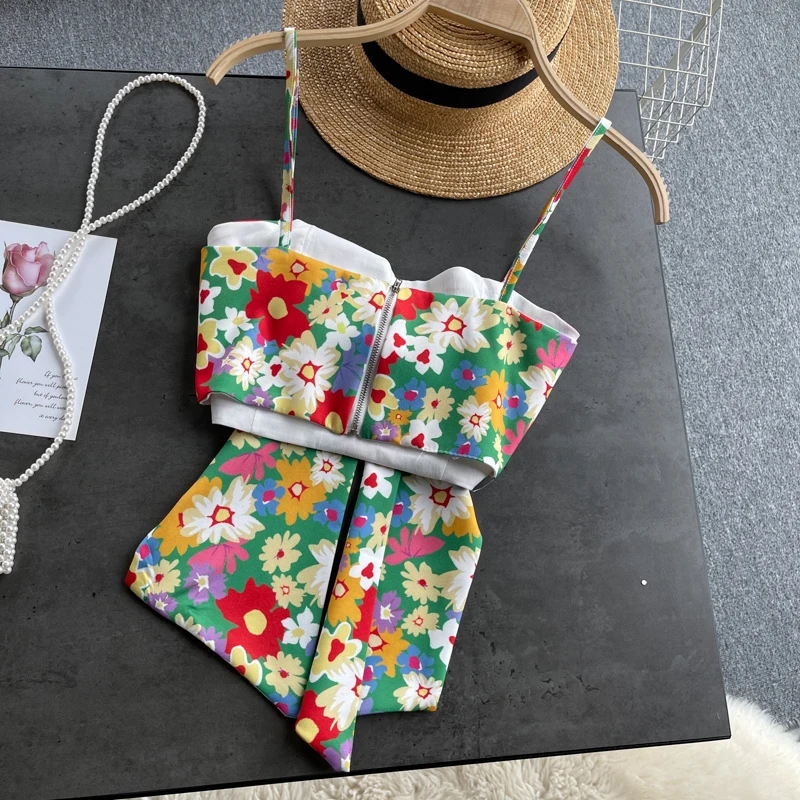 

Chic Women Retro Flower Prints Big Bow Spaghetti Strap Top Sexy Casual Holiday Style Floral Short Top