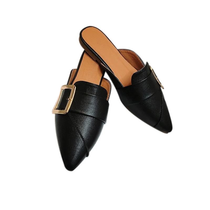 

Women Slippers 2021 Pointed Toe Low Heels Non-Slip Black Classic Females Shoes Metal Decoration Outdoor Office Fashion Slides