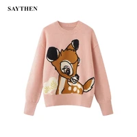 saythen knitted sweater pullover women o neck long sleeve cute fawn animal cartoon casual streetwear traf tops jumper mujer