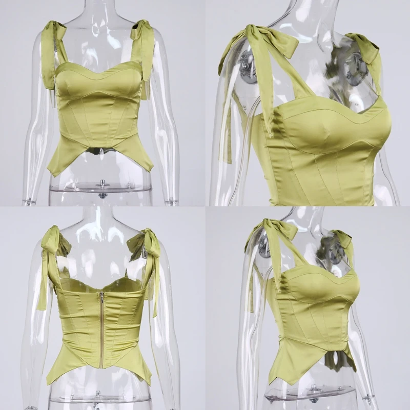 

Square Collar Satin Sexy Party Club Backless Bustier Corset with Bow Tie Strap