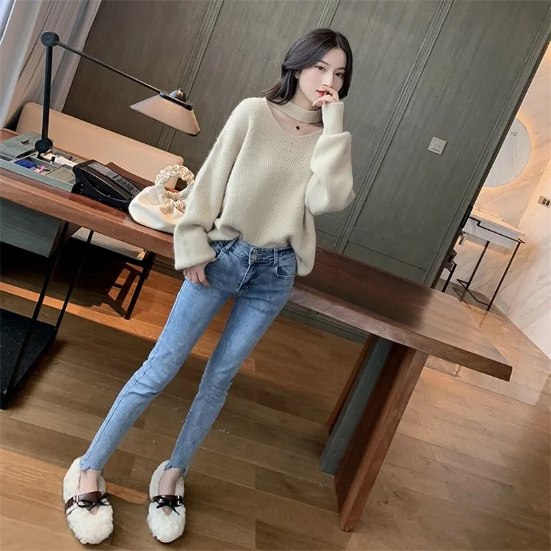 Женский свитер вязаный Осень-зима женский свободного кроя однотонный длинный