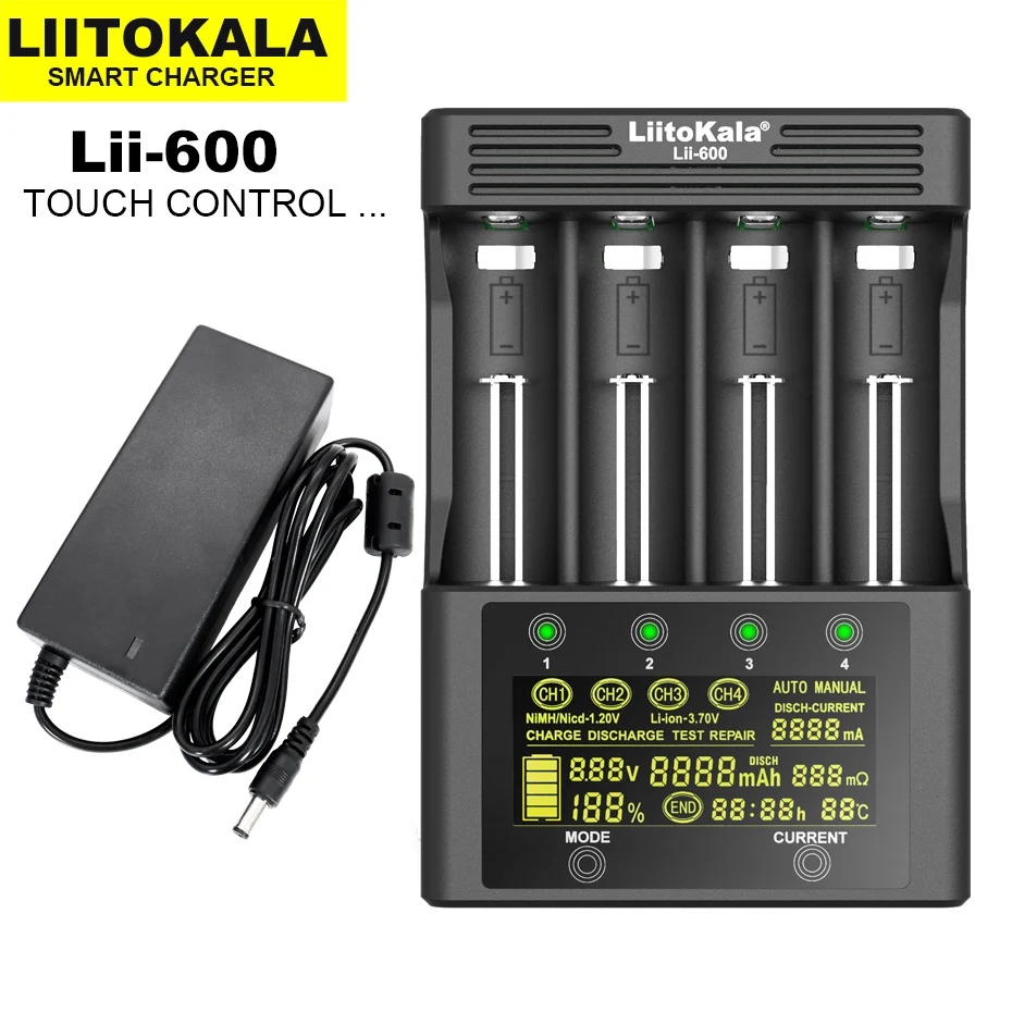 LiitoKala Lii-600 LCD Pin Sạc Cho Pin Li-ion 3.7V Và NiMH 1.2V Thích Hợp Cho 18650 26650 21700 26700 18350 AA AAA