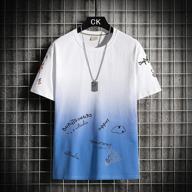 

2021 Summer Short Sleeved T Shirt Daily Casual Half Sleeved Gradient Men's Tide Brand Cotton Men's Shirt Personality Pattern