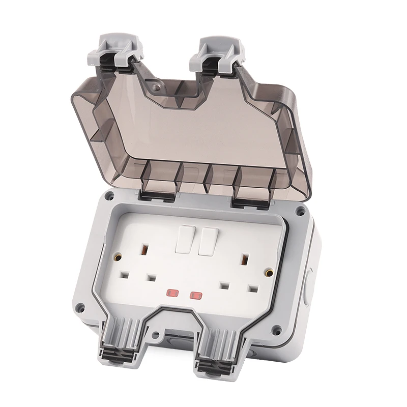 

IP66 Upgraded Safer UK Standard Waterproof Outdoor Wall Power Double Socket Switch With Light Plug Outlet For Home Garden 13A