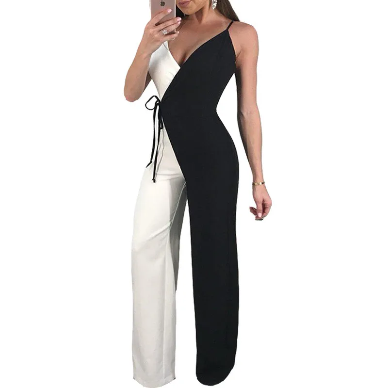 

White Black Patchwork Wide Leg Jumpsuit Women Spaghetti Strap V-Neck Elegant Summer Jumpsuits Romper Casual Office Work Overalls