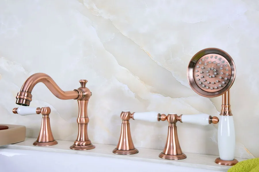 

Antique Red Copper Brass Widespread Three Handles Deck Mounted 5 Holes Bathroom Tub Faucet Mixer Tap With Handshower mtf211