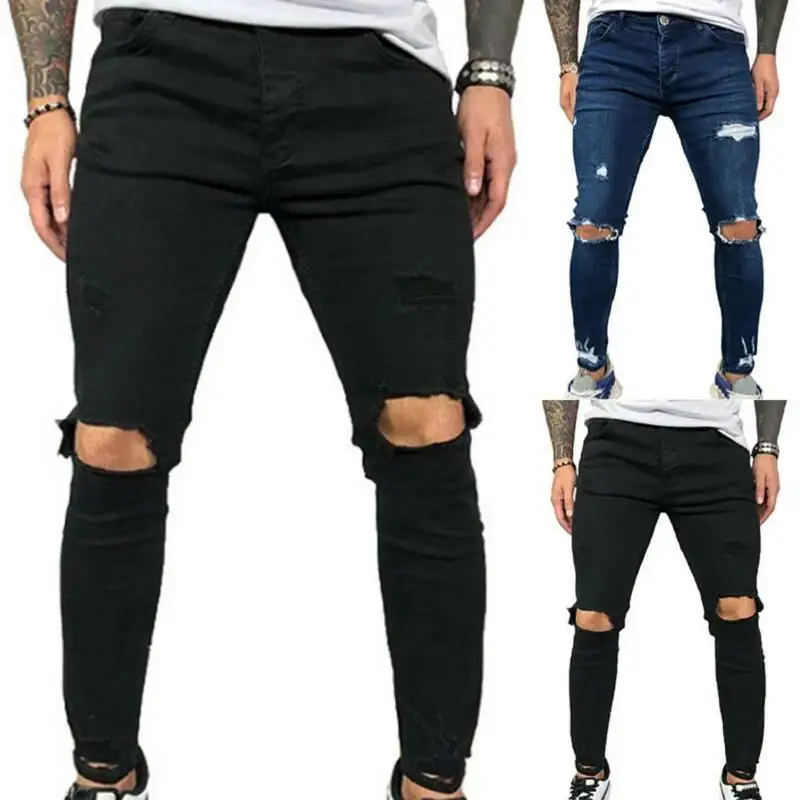 

Мужские зауженные рваные джинсы, повседневные эластичные байкерские брюки, потертые джинсовые брюки