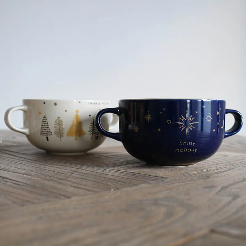 Зимняя Рождественская тема бежевая голубая маленькая миска с двумя ушками/миска