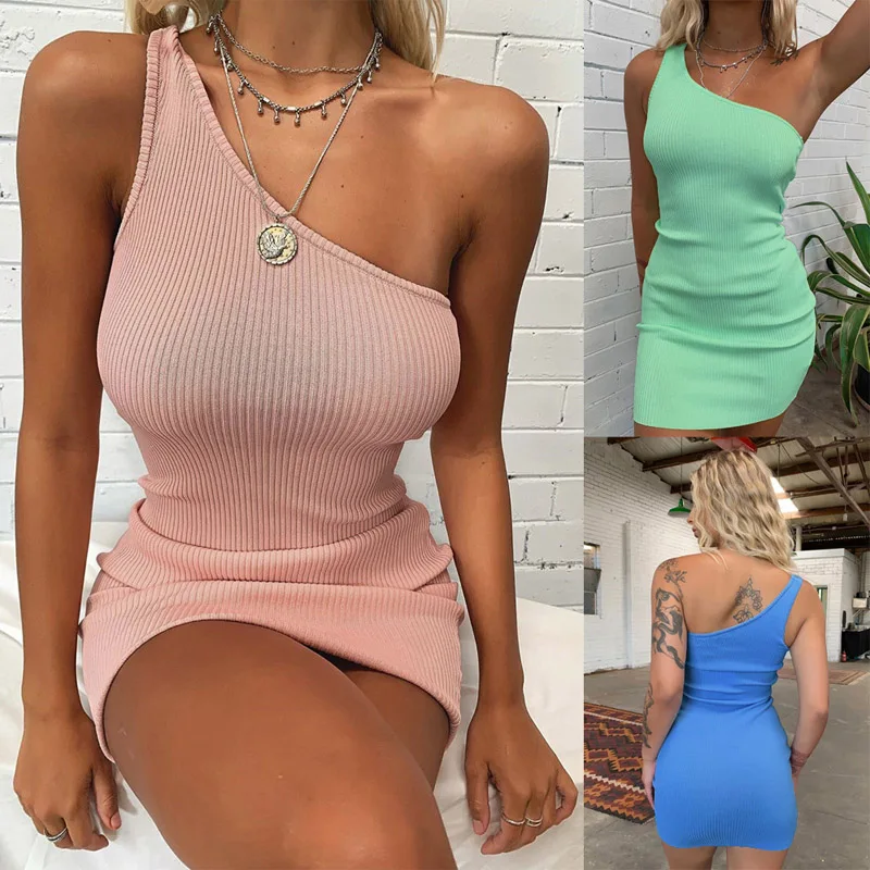 Сексуальное трикотажное мини платье на одно плечо без рукавов летние женские