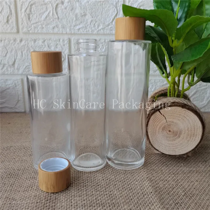 

100ml 120ml 150ml Clear Glass Cosmetic Lotion Bottle with bamboo screw cap lid Environmental bamboo lid glass bottles